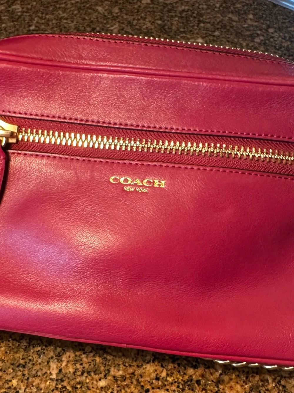 Coach Port Wine Color Leather Crossbody Bag Gold Chain C1394-25362